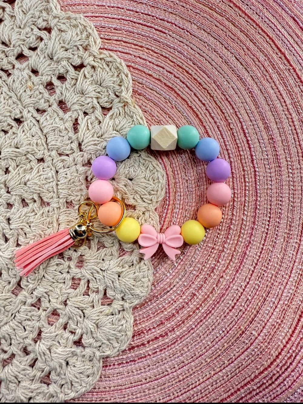 Pastel Rainbow Beaded Wristlet Keychain with Pink Bow and Tassel